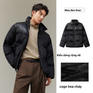 CABBEEN | Áo Khoác Nam Mùa Đông Phong Cách Ngắn Cổ Đứng Hoa Văn Laser May Patchwork Da PU