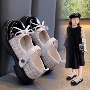 (Loại 1) Giày Búp Bê Cho Bé 859 Phong Cách Công Chúa Hàn Quốc Da Bóng Phối Vải Quý Tộc Mẫu Mới Cực Đẹp Size 26-36