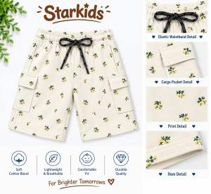 Starkids Kids Shorts Elastic Waistband Cargo Pocket Print Hem Soft Cotton Blend Lightweight Comfortable Durable Quality