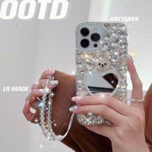 เคสโทรศัพท์มือถือแบบสะท้อนแสงเพชรแก้วน้ำหนักเบาแบบพกพาพร้อมกระจกแบบมีหูหมี 16Promax สำหรับ iPhone 17Air