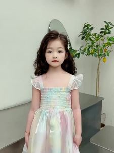 Summer Big Butterfly Decoration Princess Girls Dress Pearl Lace Mesh Gradient Rainbow Dress For 1-8 Years Old Kids