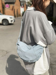 Casual Nylon Canvas Bag Spring Summer Korean Style Single Shoulder Foldable Dumpling Shape Soft Handbag for Youth with Zipper