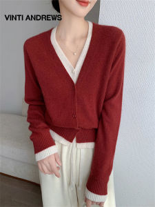 Red V-Neck Long Sleeve Knit Cardigan for Women