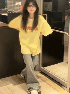Summer Oversize Loose Trendy Yellow Letter Cotton Short Sleeve T-Shirt Womens Design Sense Niche Brand Korean Style Top