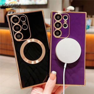KISSCASE Luxury Plating Wireless Charger Magsafe Case For Samsung Galaxy S23Ultra S23+ S23Plus S22 S21 S20 FE Soft Silicone Cover