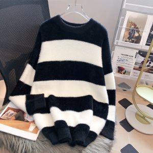 Black and White Stripes Mink Sweater Female Loose Thick Fall and Winter New Arrival Mid Length Long Length Plus Size Lazy Pullover Knitwear