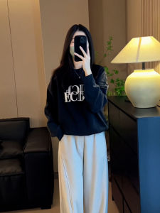 Pure Cotton Long Sleeve Crew Neck Sweatshirt Womens Black Printed Hoodless Spring New Style Comfortable Loose Fit Korean Style