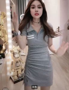 Casual work summer new fashion polo collar dress pleated waist slim hip short skirt women