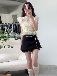 Summer New Heavy Design Lace Butterfly Sleeve Top Women Pure Desire Waist Cinching Slimming Short Style Korean Version Shirt