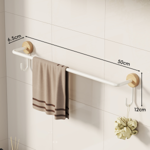 Bathroom Wall-Mounted Double Bar Towel Rack with Hooks No-Drilling
