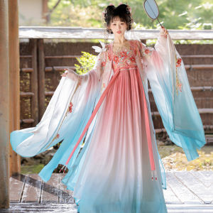 Hanxu Improved Womens Tang Style Hanfu with Large Sleeve And Husk Skirt Spring Autumn Fairy Atmosphere Original Flying Flower Order