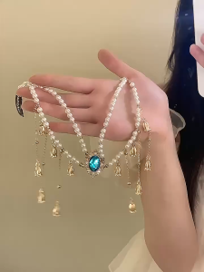 Vintage Princess Crystal Tassel Pearl Hairchain Hepburn Style Pearl Head Chain Headpiece