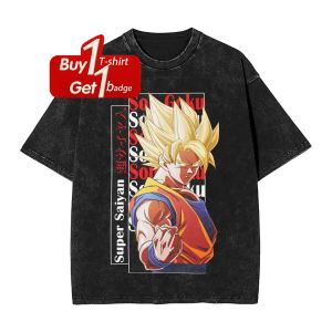 Bandai | Dragon Ball Goku Saiyan Graphic T-shirt Man Summer Y2k Clothes Vintage Washed Oversized Short Sleeved Tee Casual Gym Clothing