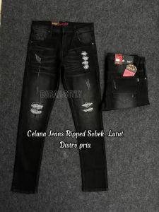 Celana Jeans Pria Cowok Model Sobek Lutut Whisker Ripped Distro Bahan Jeans Melar Ukuran 28 Sampai 38