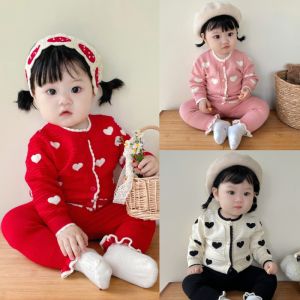 Baby Fall and Winter Baby Girl Classic Style Heart Sweaters Cardigan Wool Pants Princess Suit New Year Clothes