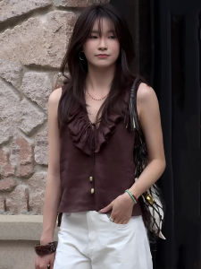 Elegant Loose Womens Sleeveless V-neck Shirt with Lace Trim Summer Fashion Top Comfortable Breathable Thin Material Short Style