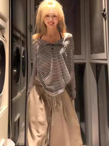 BINKAFENNY | Plus Size Striped Long Sleeve T-Shirt Women Early Autumn Loose One Shoulder Top Half Open Collar Commute Style Korean Version