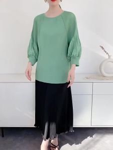 S-987F# One Size (45-75kg) Summer Round Neck Loose Slimming And All-Matching Lazy Peplum Top Three-Quarter-Length-Sleeved T-Shirt