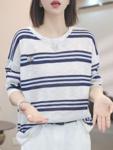 Shalldoer | Fashionable Striped Color Block Thin Long Sleeve Womens T-shirt Summer Loose Slimming Versatile Sun Protection Casual Simple Top