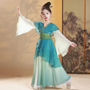 Elegant Traditional Chinese Hanfu Performance Costume for Girls Classic Greenish Blue Dance Outfit Childrens Fashionable Performance Clothes