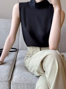 เสื้อเชิ้ตผ้าชีฟองแขนกุดสีดำสำหรับผู้หญิงในช่วงฤดูร้อนปี 2024 สไตล์ลำลอง เสื้อเชิ้ตคอโปโลทรงหลวมสบายๆ ทรงเข้ารูป