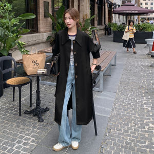 Korean Style Military Green Coat Womens Casual Mid-Length Single Button Loose Fit Windbreaker Autumn New Arrival