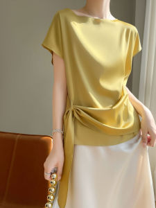 Chic Pure Color Silk Short Sleeve Blouse for Women Summer Style Loose Fit One-Word Collar Pullover Top