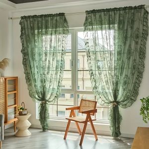 Ruffled Floral Sheer Jacquard Tulle Curtain Panel for Living Room Window Drapes Vintage Lace Voile Rod Pocket Home Decorative