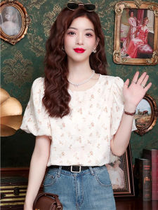 WANGGONGZHU | Floral Print Round Neck Short Sleeve Chiffon Shirt Womens Summer Fashionable Sweet Temperament Korean Style Loose Top