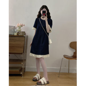 Sweet And Salty Flower Bud Edge Denim Skirt Dress Womens Mid-Length Straight Korean Style High Waist A-Line Summer Dress