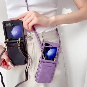 szhaiyu | Leather Wallet Card Holder Phone Case for Samsung Galaxy Z Flip 8 7 FE 6 5 4 5G Flip8 with Crossbody Lanyard Purse Cover Women