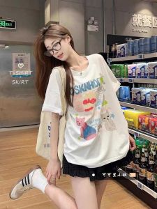 American Retro Pure Cotton Plus Size Short-Sleeved T-shirt for Men and Women Plus Size Ladies Summer Graffiti Printing Easiest for Match Couple Loose Tops