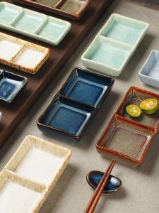 Japanese Style Ceramic Double Grid Sauce Dish Rectangular Three Grid Barbecue Small Dish Hot Pot Seasoning Dish BBQ Seasoning Plate