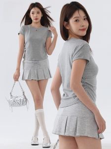 Miiow | Cat Lady 2025 Womens Summer Fashion Pleated Waist Short Sleeve Classic T-Shirt Top Versatile Elastic Fiber Round Neck Short Length