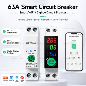 Tuya WiFi Smart Circuit Breaker Zigbee 63A Relay Switch MCB 1P+N Kwh Timer Voltage Current Protect Power Meter For Alexa Google