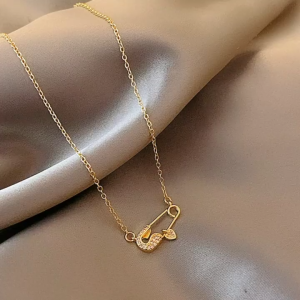 GL Korean fashion design zircon safety pin 18k GOLD titanium steel necklace for women N8043