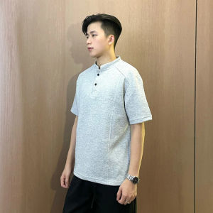 Mature Powerful Menswear Black Polo Shirt Short Sleeve Commuter Henry Collar Correct Shoulder T-Shirt Heavyweight Boxy American Style Half Sleeve
