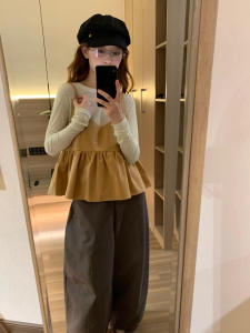 Korean Style Pleated Hem Design Corduroy Strap Vest Womens New Autumn 2025 Sleeveless Top Layering Fashion Set round Neck