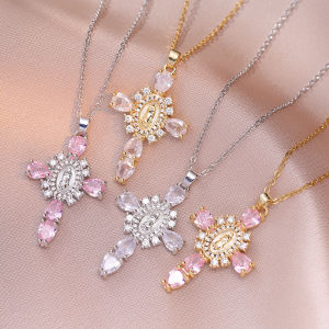 Pink Crystal White Zircon Cross Pendant Necklaces For Women Men Vintage Gold Silver Color Stainless Steel Chain Jewelry Gifts
