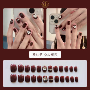 New 2026 Short Wine Red Heart Diamond Full Drill New Year Nail Art Wearable False Nails Bridal Manicure Stickers Chinese Brand