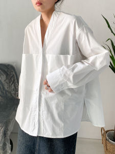 Elegant Pure Cotton White Shirt V-Neck Long Sleeve Loose Fit Womens Premium Style Versatile Design Spring 2025 Fashion Trend