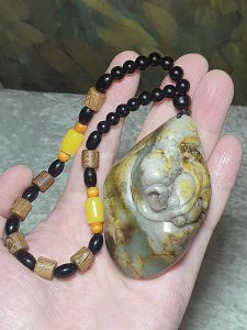 Hetian Pebble Nephrite yellowish brownish "Jade Skin" light green Goldfish Lotus Pod jade handheld (with certificate) [Natural Crystal] 和田玉籽玉淡绿黄沁手工雕刻年年有余(金鱼莲蓬)手把(带证书)