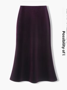 YIMING | Purple Velvet A-line Skirt High-waisted Fitted Pencil Fish-tail Long Dress
