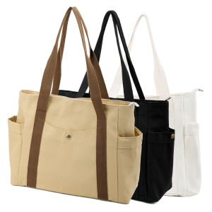 Women Canvas Tote Bag with Zipper Multiple Pockets for Daily Essentials Travel Work Large Capacity Shoulder Bag