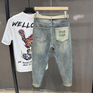 กางเกงยีนส์ทรงสลิมฟิตพร้อมลายปักระดับไฮเอนด์สำหรับผู้ชาย กางเกงขายาวทรงฮาราจูกุ 9 ฟุต ยืดหยุ่นได้ในฤดูใบไม้ผลิและฤดูใบไม้ร่วง