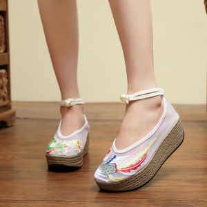 Net Shoes Lady Pearl Buckle Vintage Dance Shoes Womens Antique Style Cheongsam Hanfu Shoes Womens Embroidered High Heels