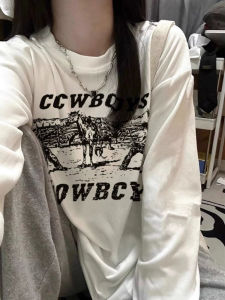 Loose Womens Long Sleeve T-Shirt White American High Street Style Spring Autumn 2024 New Small Design Trendy Brand Cotton Pure