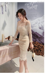 ZY·HT Korean Long Sleeve Dress Dinner Dress Women Elegant 2024 New Slim Hip Wrap Midi Black Lace Wedding Dinner Dress 1715 eravogue