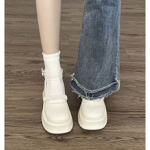 White Thick Heel Single Shoes Womens Fashion Retro Mary Janes Slip-On round Toe PU Leather Comfortable Casual Footwear