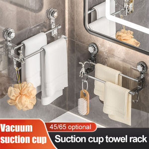 Suction Cup Bath Towel Bar with Hooks Drill-Free Stainless Steel Dual Towel Rails Rack Wall Mounted Removable Heavy Duty Hand Towel Holder for Bathroom Hardware and Shower Kitchen Accessories Hanging Towel Bar